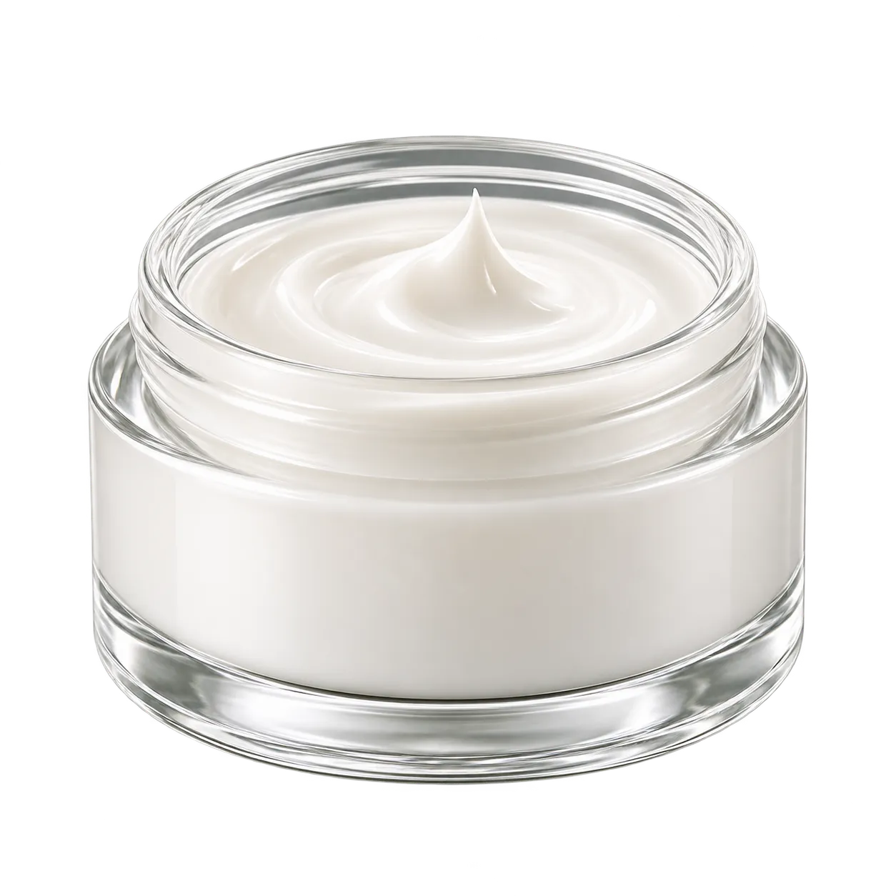 Open glass jar of white botanical cream