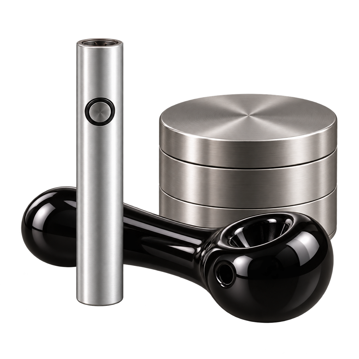 Metal grinder, battery, and black glass pipe