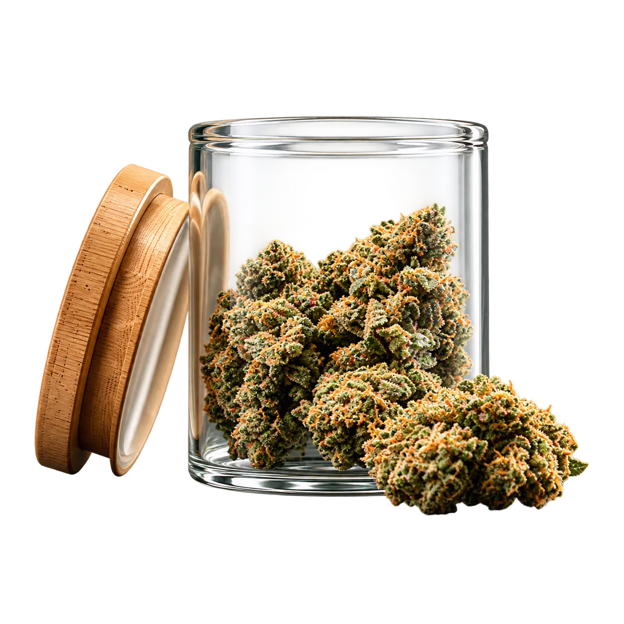 Glass jar of cured cannabis flower with a wooden lid