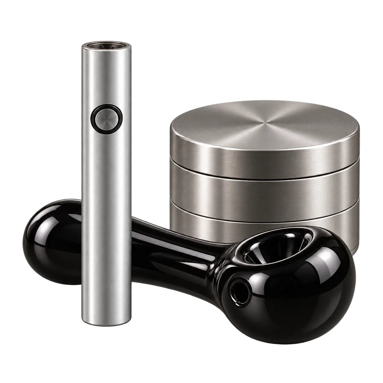 Metal grinder, battery, and black glass pipe