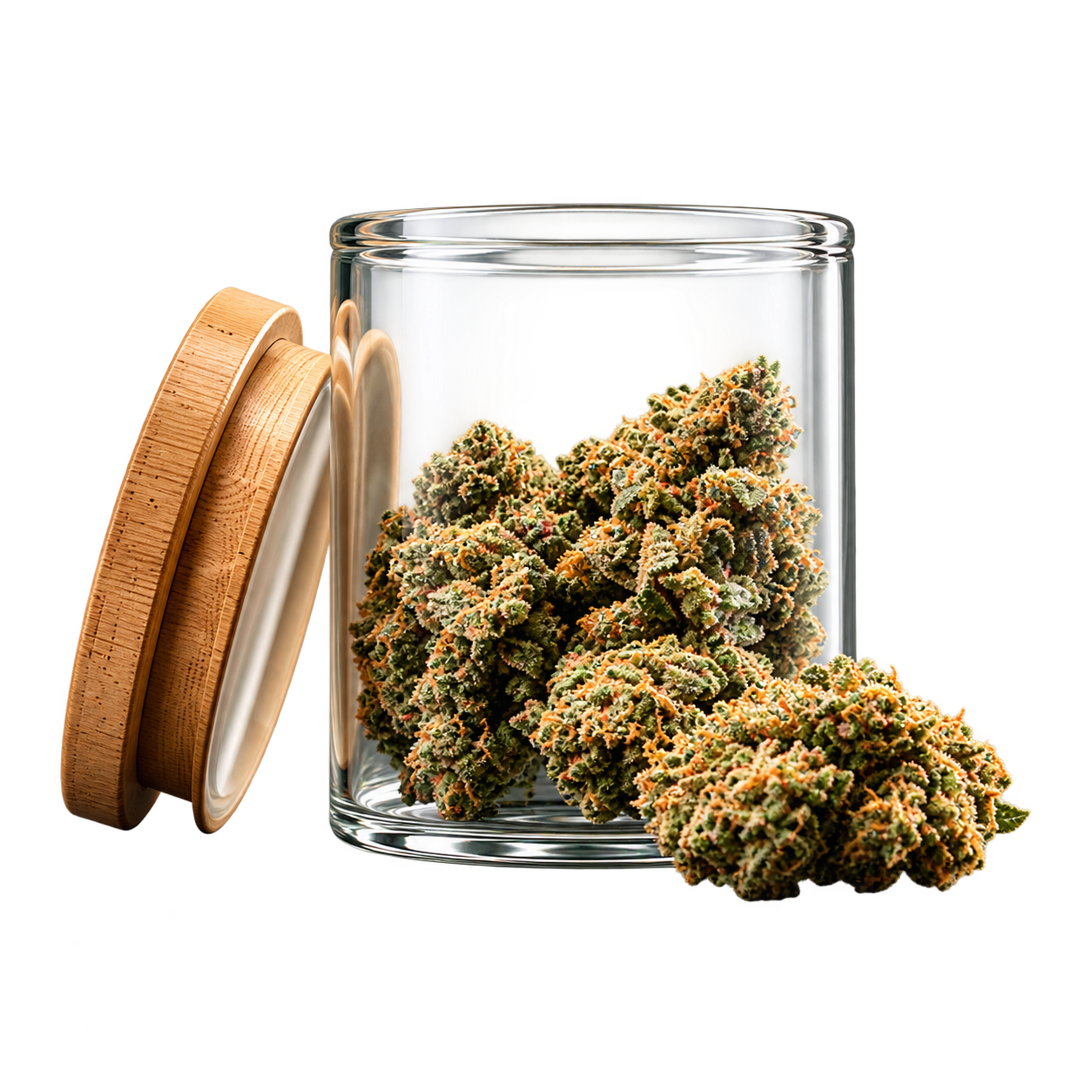 Glass jar of cured cannabis flower with a wooden lid