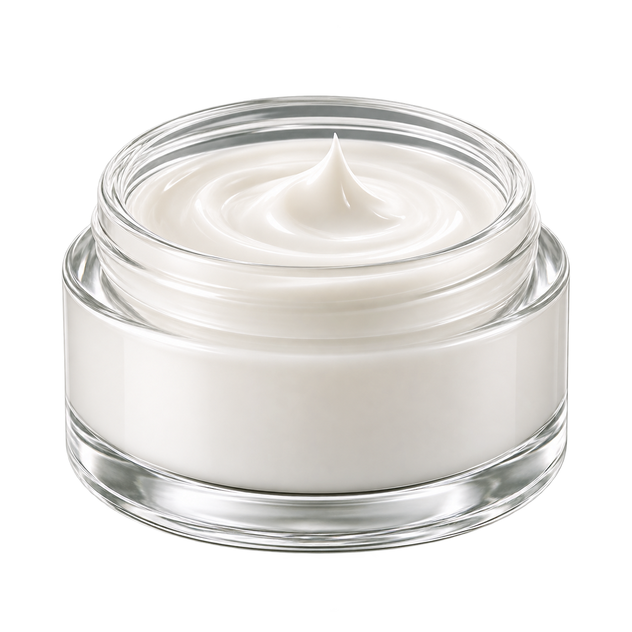 Open glass jar of white botanical cream